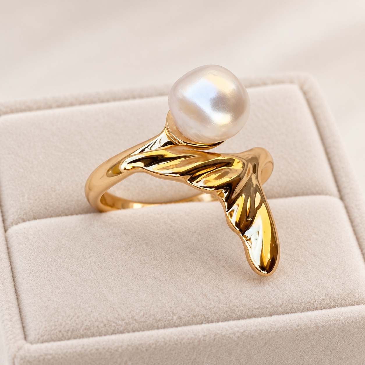 Stainless Steel Pearl Leaf Sculptural Statement Ring