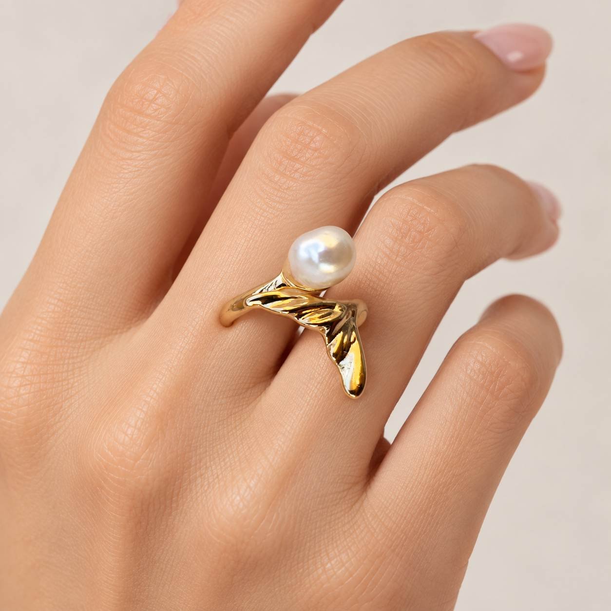 Stainless Steel Pearl Leaf Sculptural Statement Ring — image 2