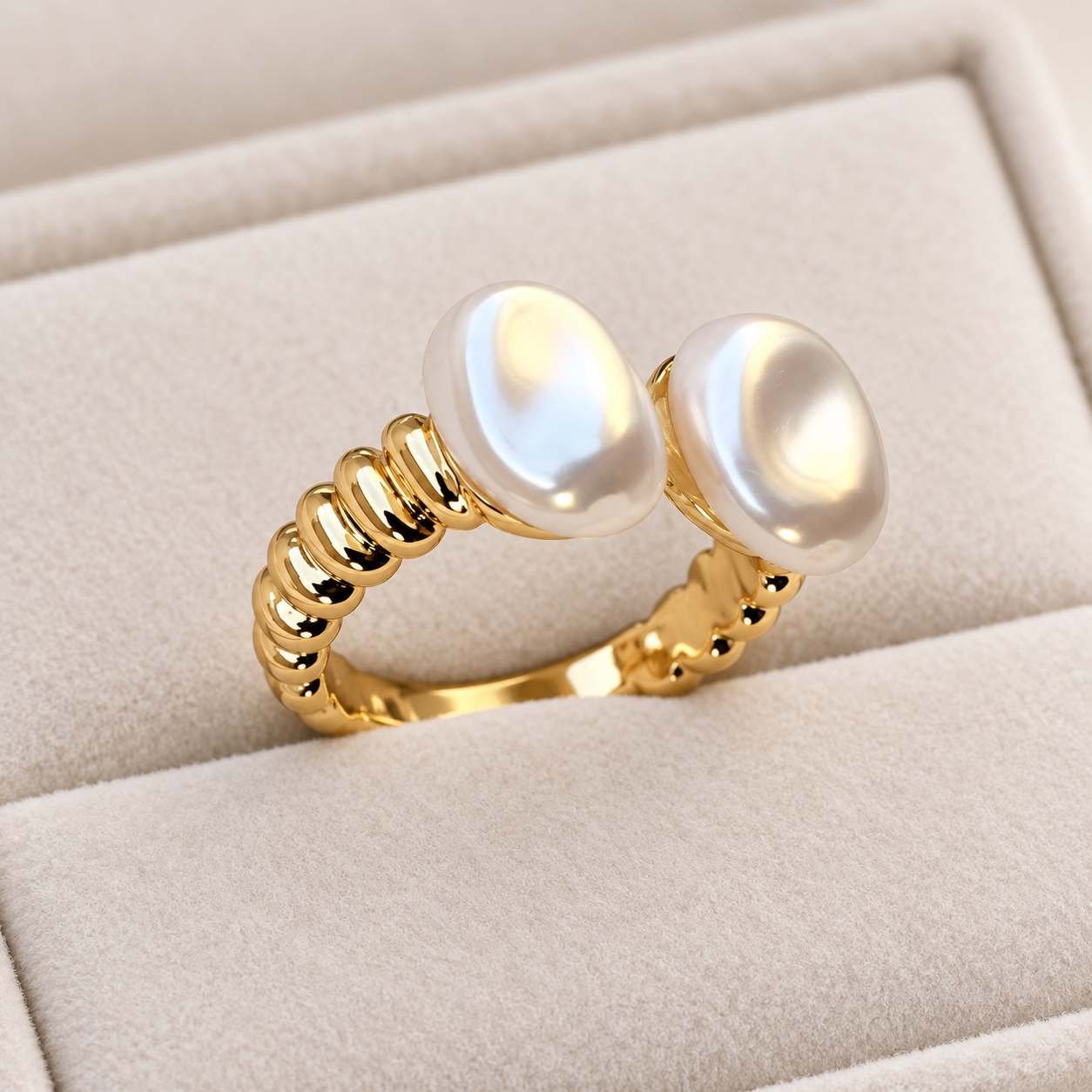 Stainless Steel Double Pearl Ribbed Open Ring