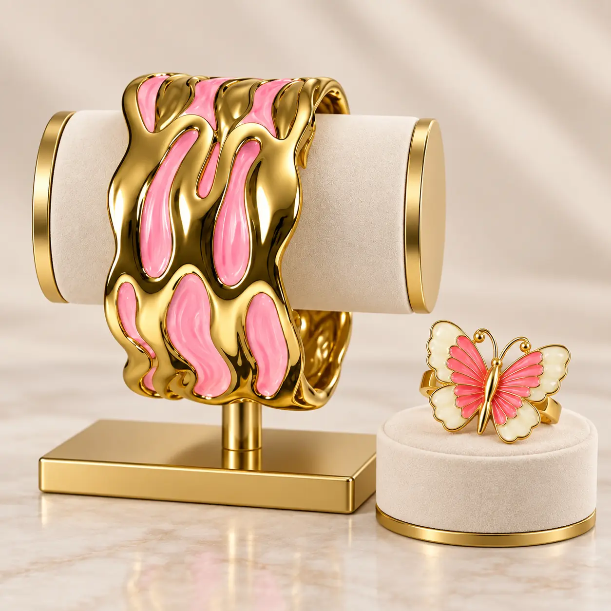Pink & Gold Statement Bracelet with Butterfly Ring Jewellery Combo