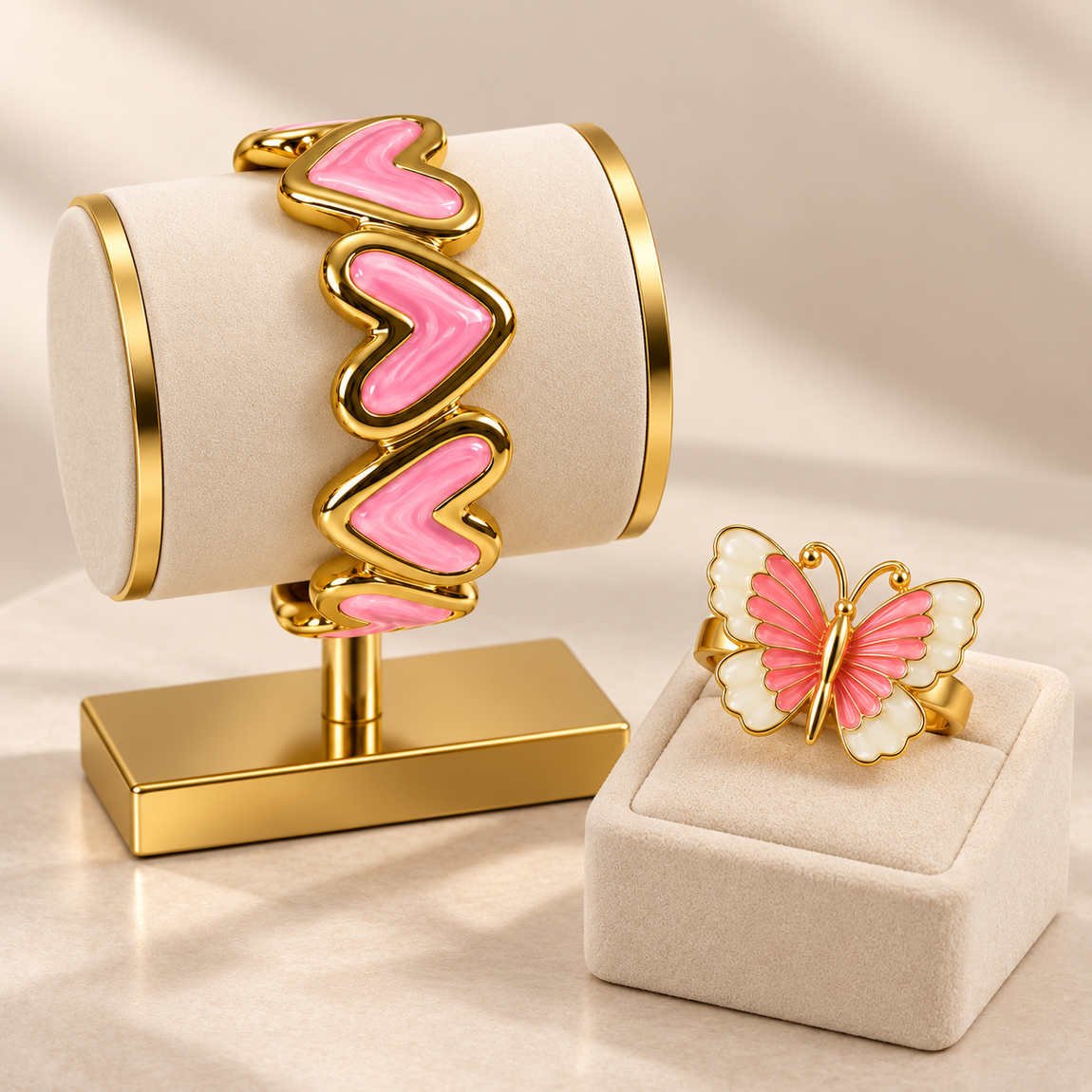Pink Heart Bracelet & Butterfly Ring Jewellery Combo – Gold Tone