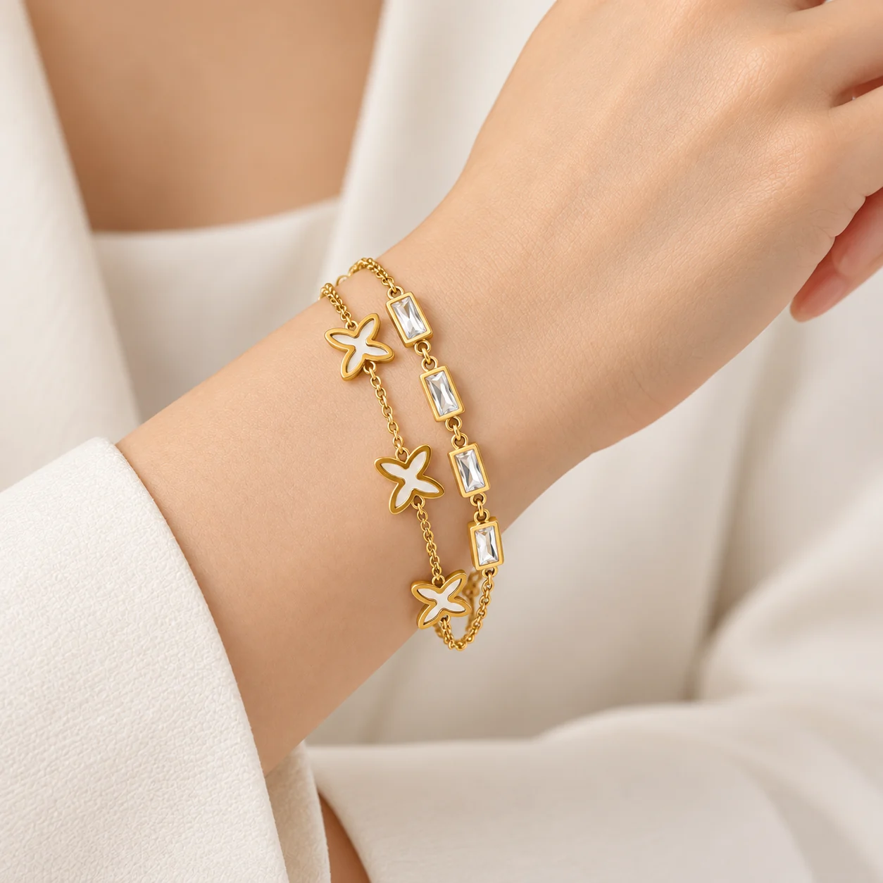 Stainless Steel Butterfly Crystal Double Chain Bracelet – Gold Tone
