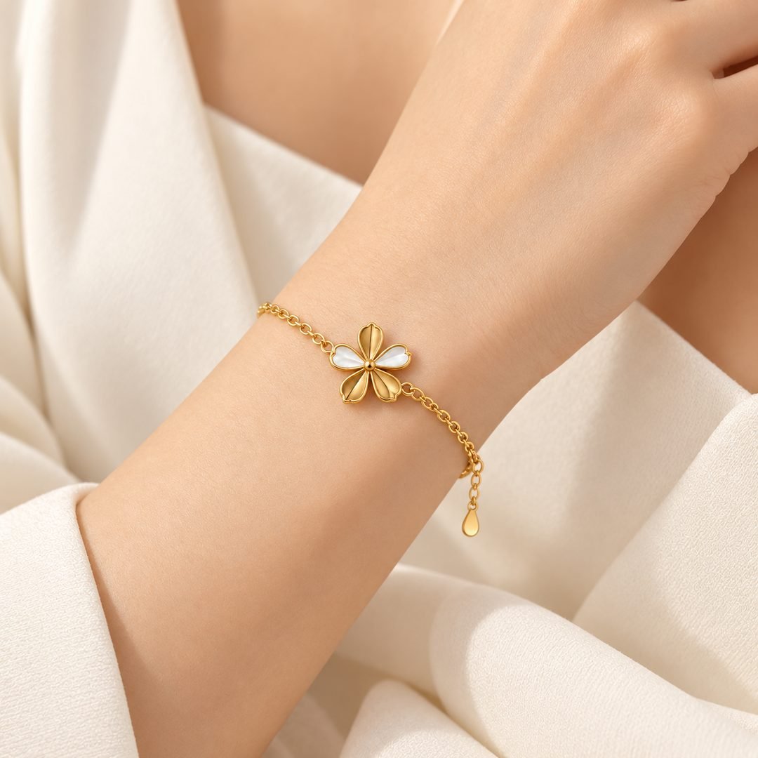 Stainless Steel Floral Charm Chain Bracelet – Gold Tone
