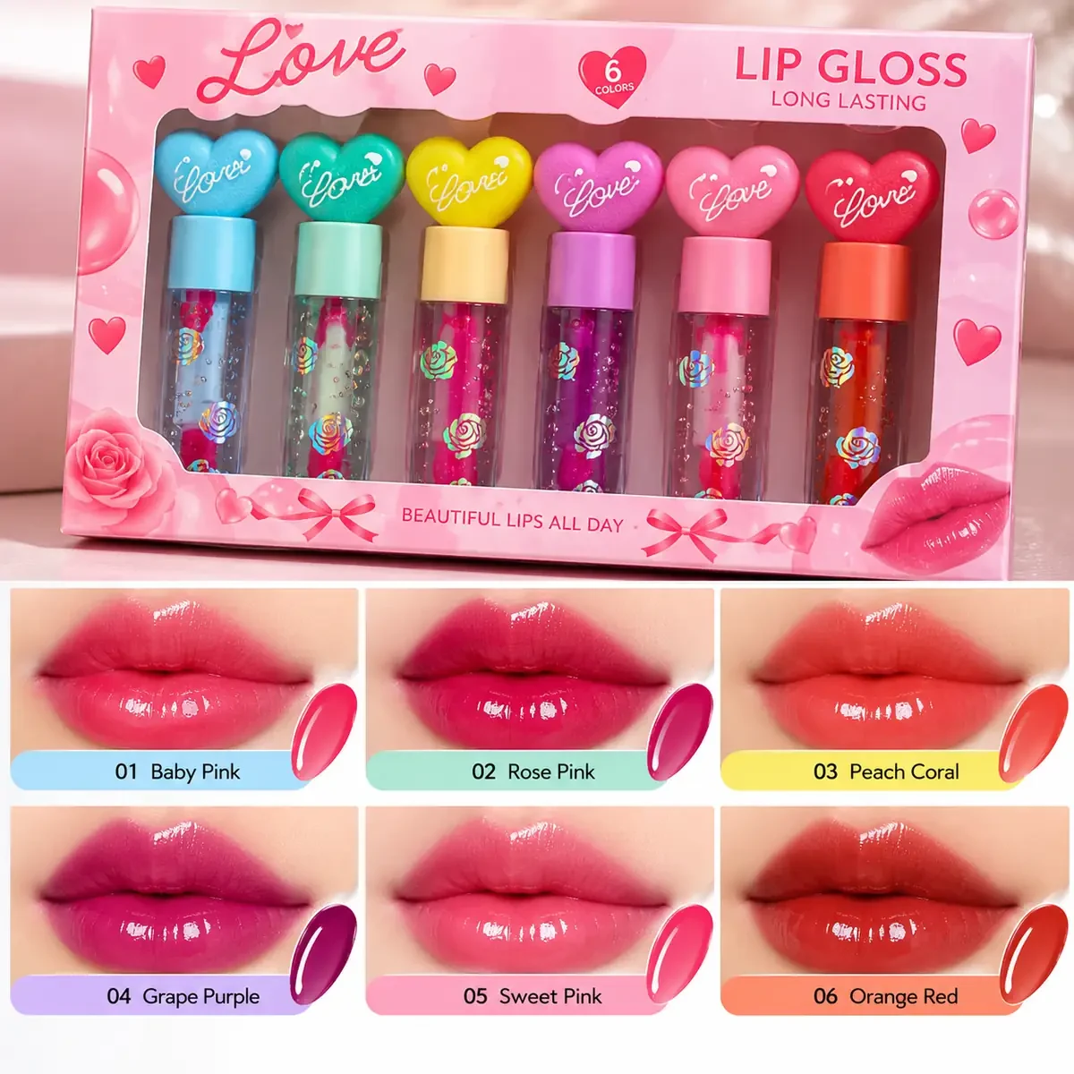 Love Heart Lip Gloss – 6 Beautiful Shades with Cute Heart Caps — image 2