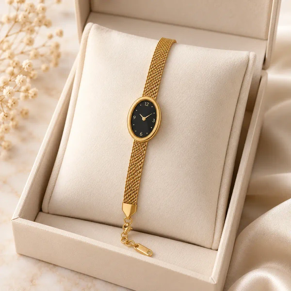 Stainless Steel Premium Luxury Oval Dial Gold Bracelet Watch for Women