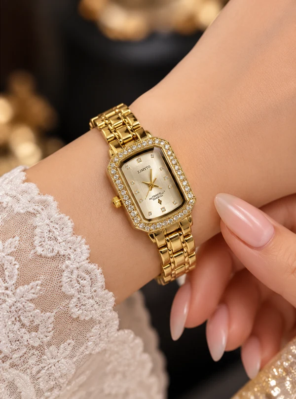 Premium Luxury Gold Crystal Ladies Watch – Elegant Rectangular Dial