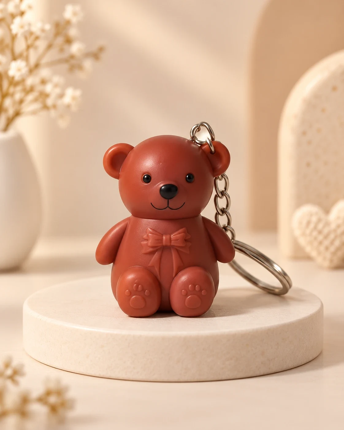 Cute Terracotta Teddy Bear Bow Keychain with Metal Ring — image 3