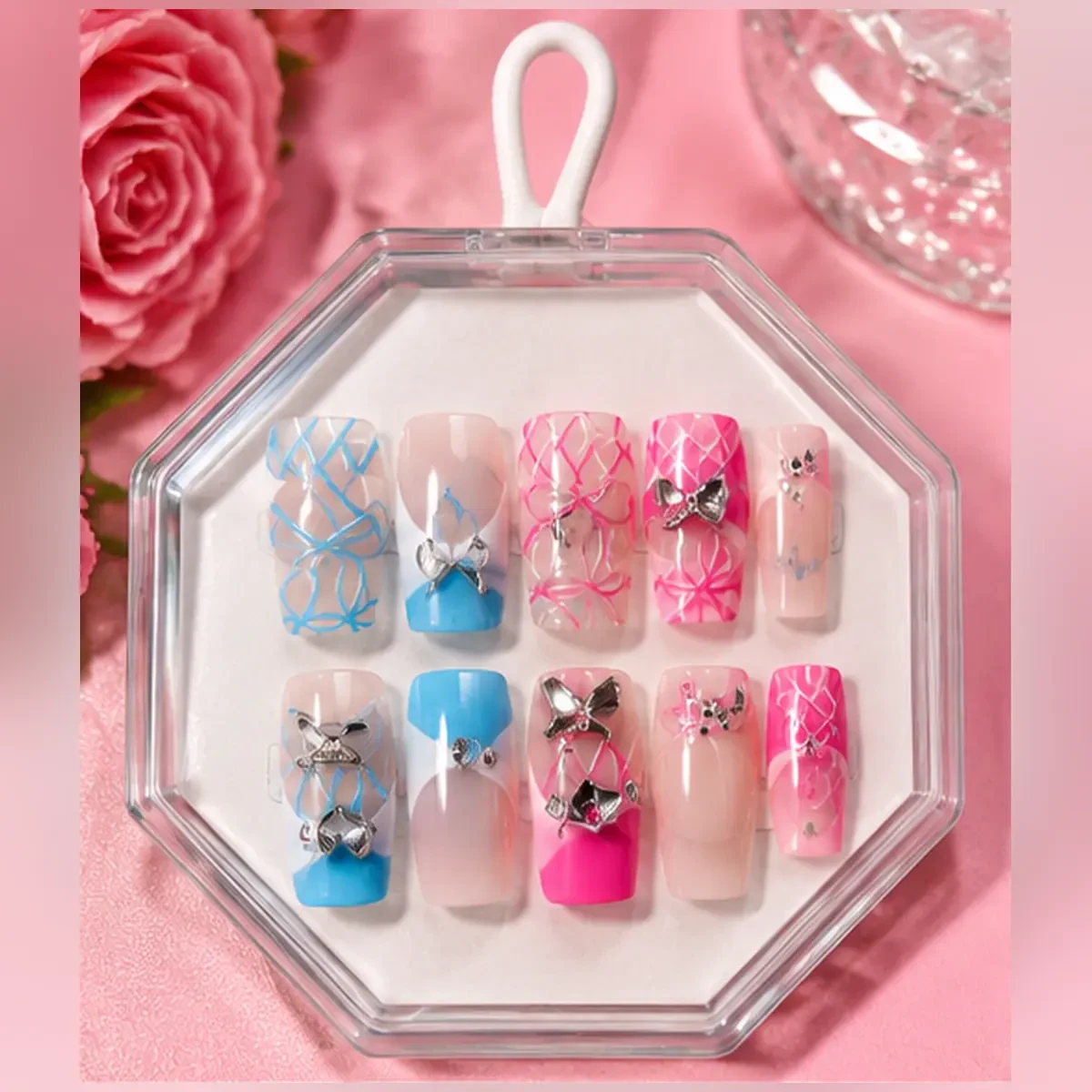 Barbie Pink Press-On Nails – Luxury Butterfly, Hearts & Rhinestone Nail Art — image 3