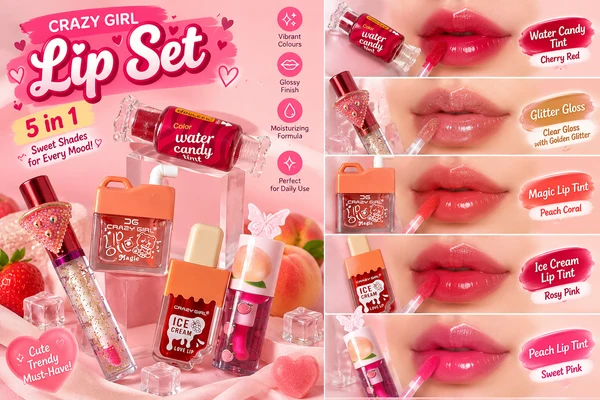 Crazy Girl Sweet Lip Treats – 5-in-1 Lip Gloss & Tint Bundle