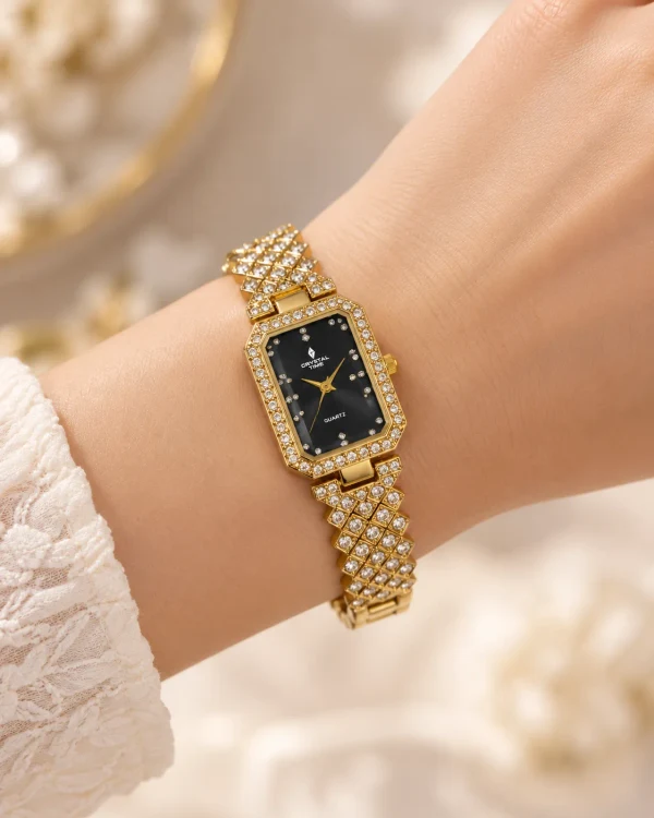 Stainless Steel Gold Crystal Luxury Ladies Watch