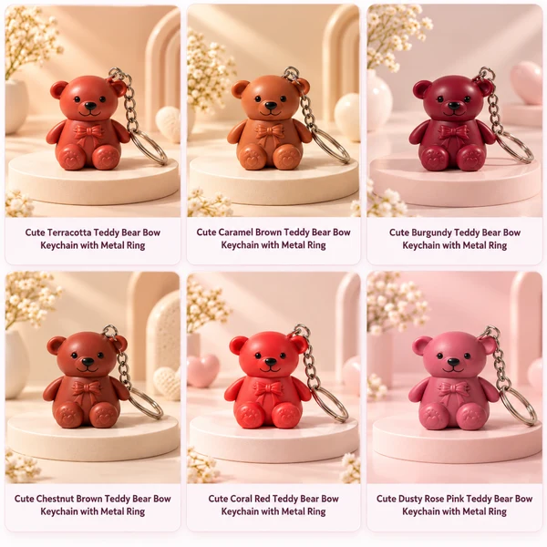 Cute Terracotta Teddy Bear Bow Keychain with Metal Ring