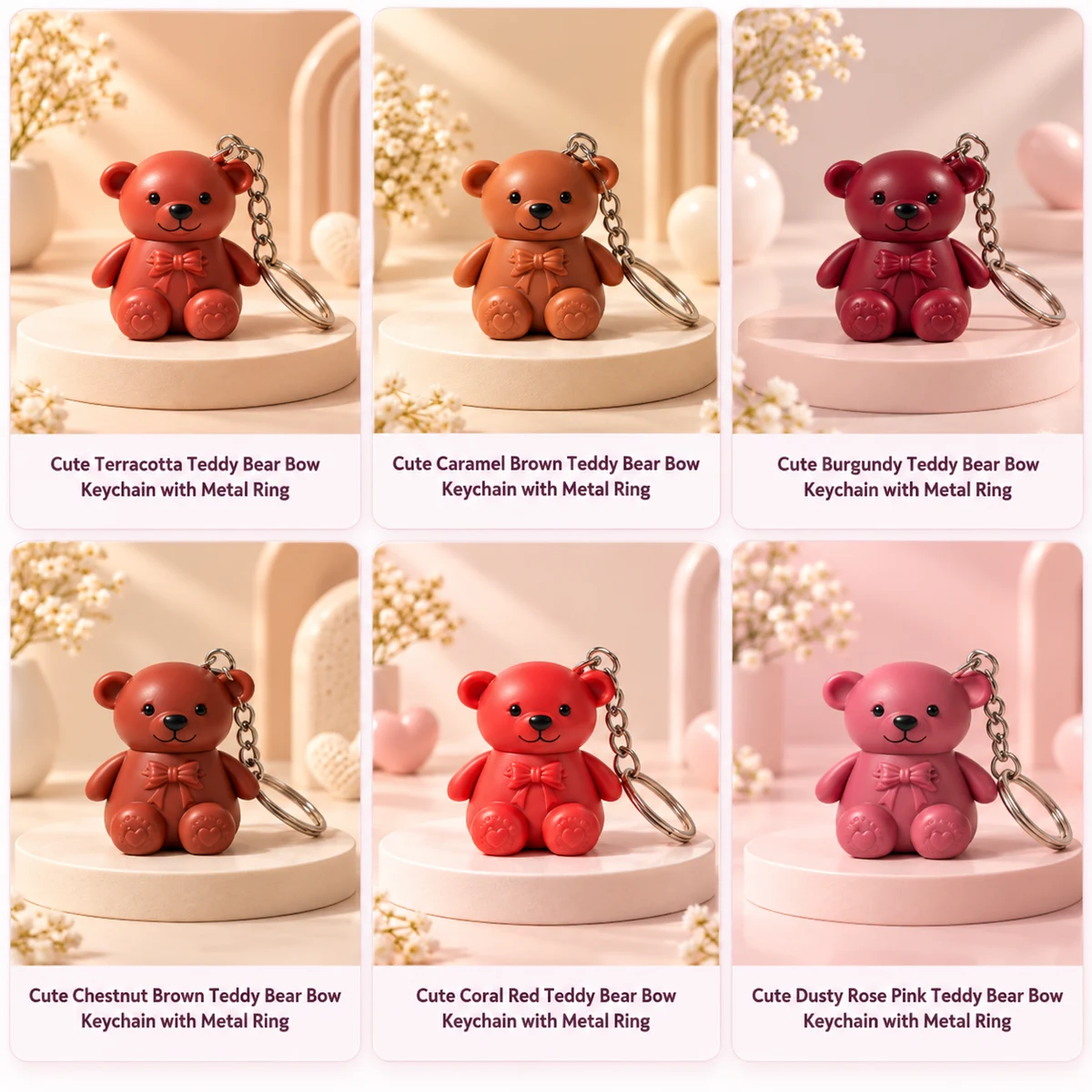 Cute Terracotta Teddy Bear Bow Keychain with Metal Ring — image 1