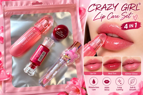 Crazy Girl 4-in-1 Lip Care & Gloss Gift Set – Pink Lip Oil, Candy Tint, Shimmer Gloss & Cute Bunny Lip Gloss with Pink Pouch