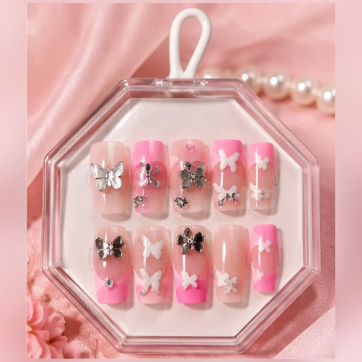 Barbie Pink Press-On Nails – Luxury Butterfly, Hearts & Rhinestone Nail Art — image 2