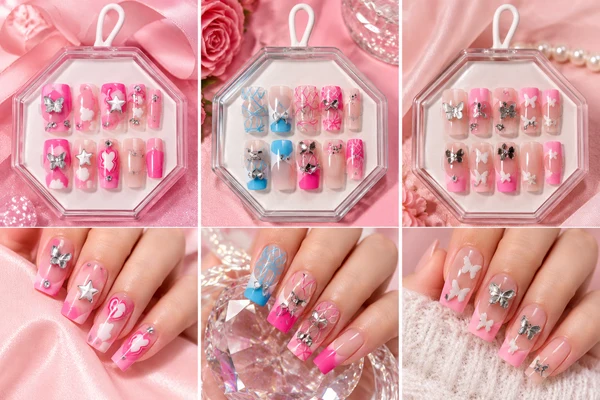 Barbie Pink Press-On Nails – Luxury Butterfly, Hearts & Rhinestone Nail Art