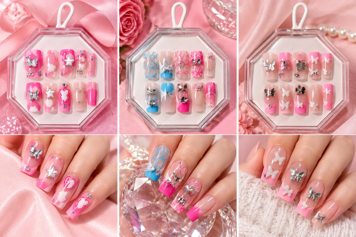 Barbie Pink Press-On Nails – Luxury Butterfly, Hearts & Rhinestone Nail Art — image 1