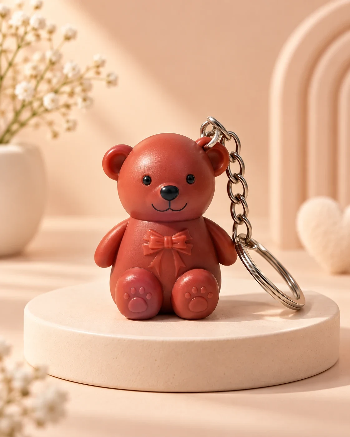 Cute Terracotta Teddy Bear Bow Keychain with Metal Ring — image 5