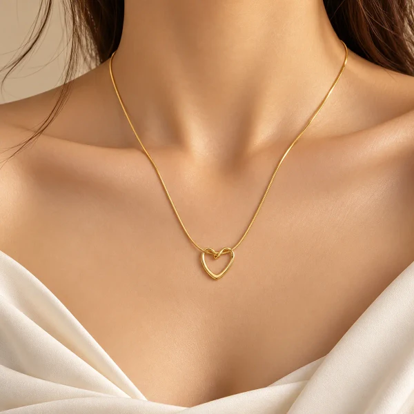 Stainless Steel Gold Open Heart Pendant Necklace for Women