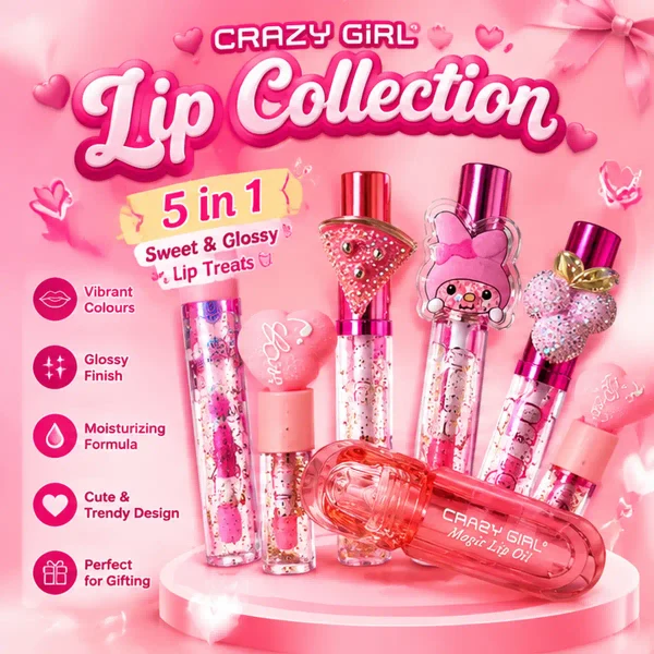 Crazy Girl Pretty Pink Lip Collection – 5-in-1 Gloss & Lip Oil Gift Set