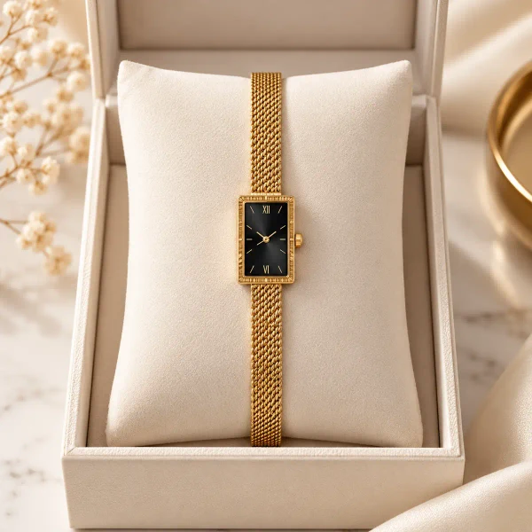 Stainless Steel Premium Luxury Rectangular Dial Gold Bracelet Watch for Women